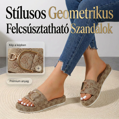👡 Lépjen elegánsan és könnyedén – Stílusos geometrikus slip-on szandál szőtt textúrával és arany színű díszítéssel – Utánvétes ✨