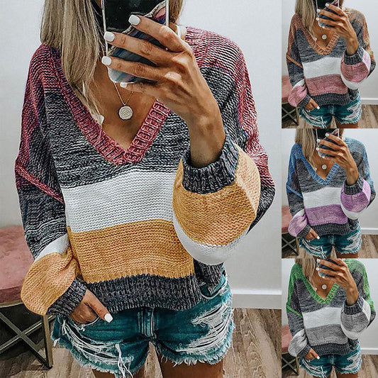 【S-2XL】Alkalmi V-nyakú csíkos pulóver