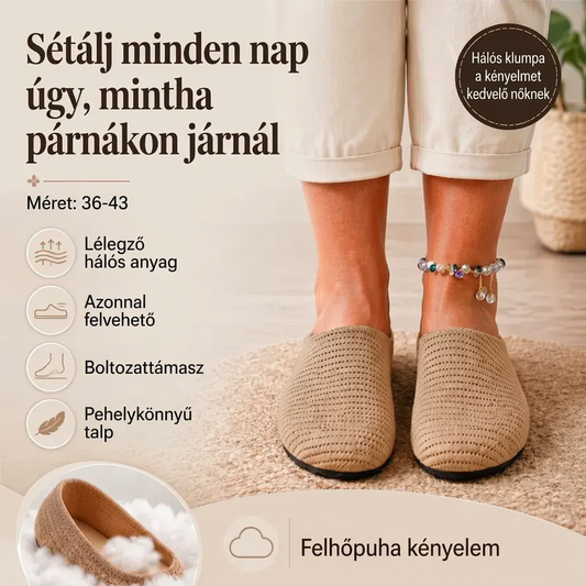 👡✨Legkelendőbb női légáteresztő kötött mokaszin – bújós stílus, könnyű, párnázott talp, csúszásmentes, 36–43 méret