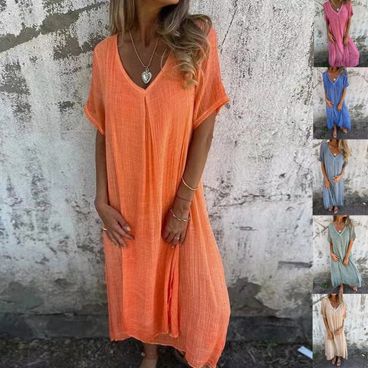 【🏖️Nyaralás Essentials】👗Egyszínű ruha V-nyakkivágással