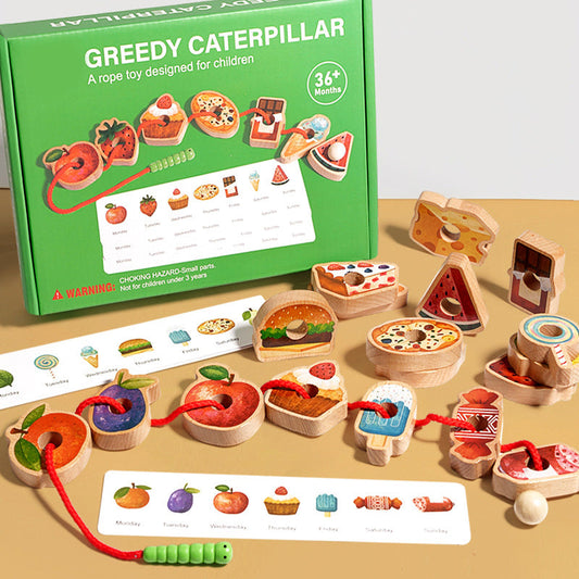 🧩Oktatási játék - Fából készült éhes hernyó kötéljáték (3 éves kortól alkalmas)
