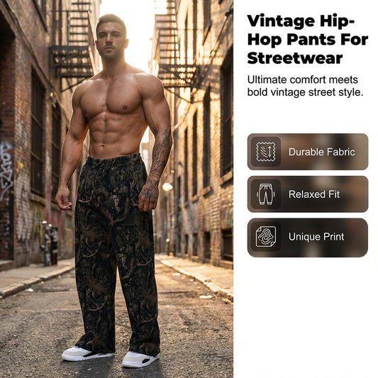 👖 Férfi retro mintás nadrág – laza hiphop stílus, széles szárú 🎤✨🕶️
