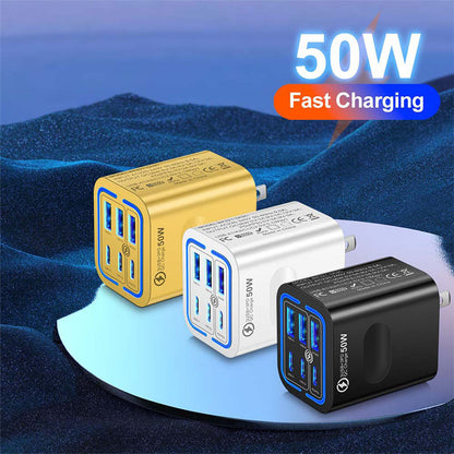 ⚡ Töltse fel minden eszközét gyorsan – 50W 6-portos USB-C fali töltő (3x USB-A + 3x USB-C) – Utánvétes 🔌