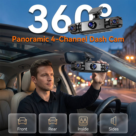 🎥Legkelendőbb 360° panoráma 4‑csatornás dashcam – 1080P HD, éjjellátás, 24/7 parkolási figyelés, teljes lefedettség