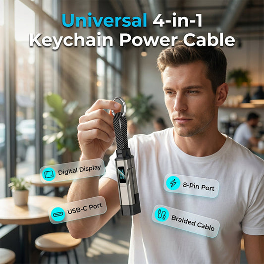 🔑 Töltsön bárhol, bármikor – 4 az 1-ben univerzális kulcsos töltőkábel digitális kijelzővel – Utánvétes 🔋