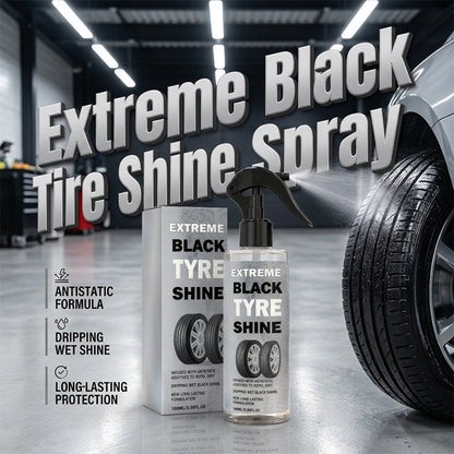 Legkelendőbb extrém fekete gumiabroncs‑fényező spray – antisztatikus, szennyeződéstaszító, nedves fekete felület, tartós fény, könnyű spray‑es felvitel