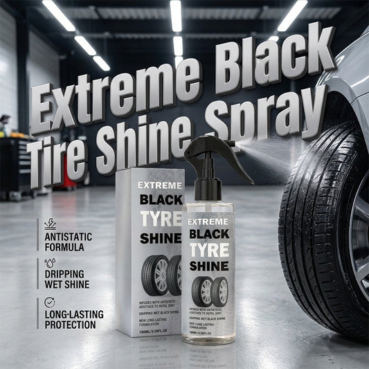 Legkelendőbb extrém fekete gumiabroncs‑fényező spray – antisztatikus, szennyeződéstaszító, nedves fekete felület, tartós fény, könnyű spray‑es felvitel