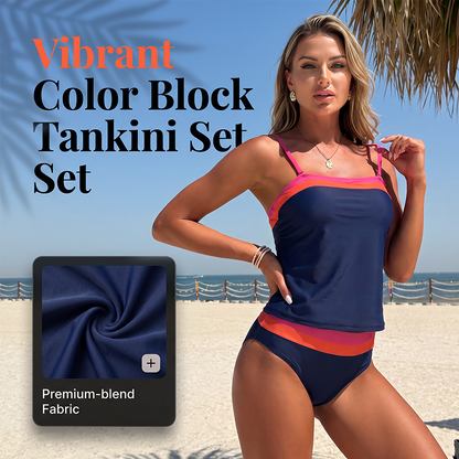 👙✨Legkelendőbb női színblokkos tankini szett – magas derék, haskontroll, visszafogott fedés, kényelmes aktív szabás