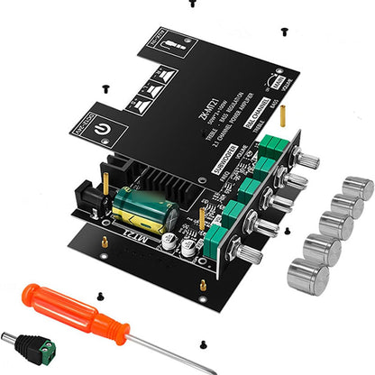 🔊 Bluetooth erősítő modul Erőteljes mélyhang – 2.1 csatornás 100W mélynyomó kimenet, Bluetooth 5.0 vezeték nélküli kapcsolat + AUX bemenet, DIY hangszóró/autó hifi fejlesztés, kompakt és könnyen telepíthető