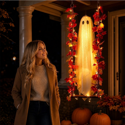 🎃👻Halloween-i lengő, függő szellemdísz – távirányítású LED-es világítás a kísérteties bejárati ajtó díszítéséhez