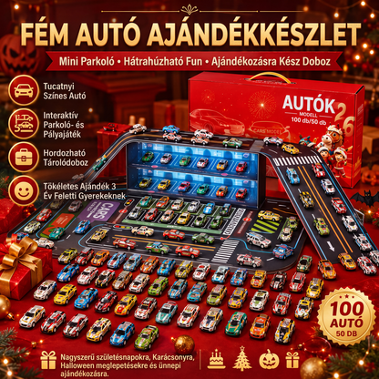 🎁 Visszahúzható autó ajándékdoboz – 48 autó és világító garázs