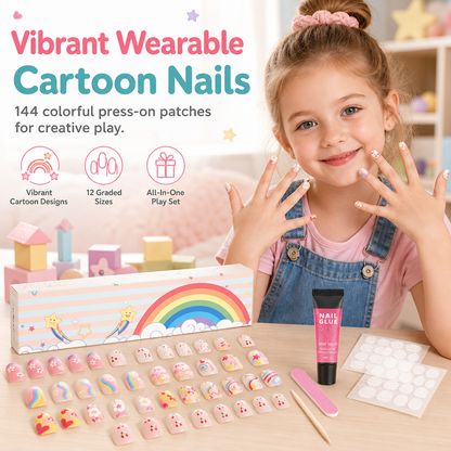 Kids Handmade Press On Nails Set 144 Pieces Almond Shape Cartoon False Nail Tips