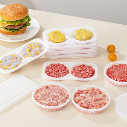 🍔 Hamburgerhús-fagyasztódoboz – kör alakú, stabil kialakítás | Ideális hamburgerhús, garnélarákos pogácsa és bébiételek tárolásához, így a fagyasztó mindig rendezett és áttekinthető marad ✨
