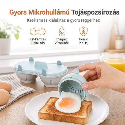 ⚡Gyors mikrohullám, két tojás egyszerre🍳 Mikrohullámú dupla tojásfőző – Két rekeszes kialakítás | Ideális sietős reggelekhez, egészséges reggeli percek alatt ✨